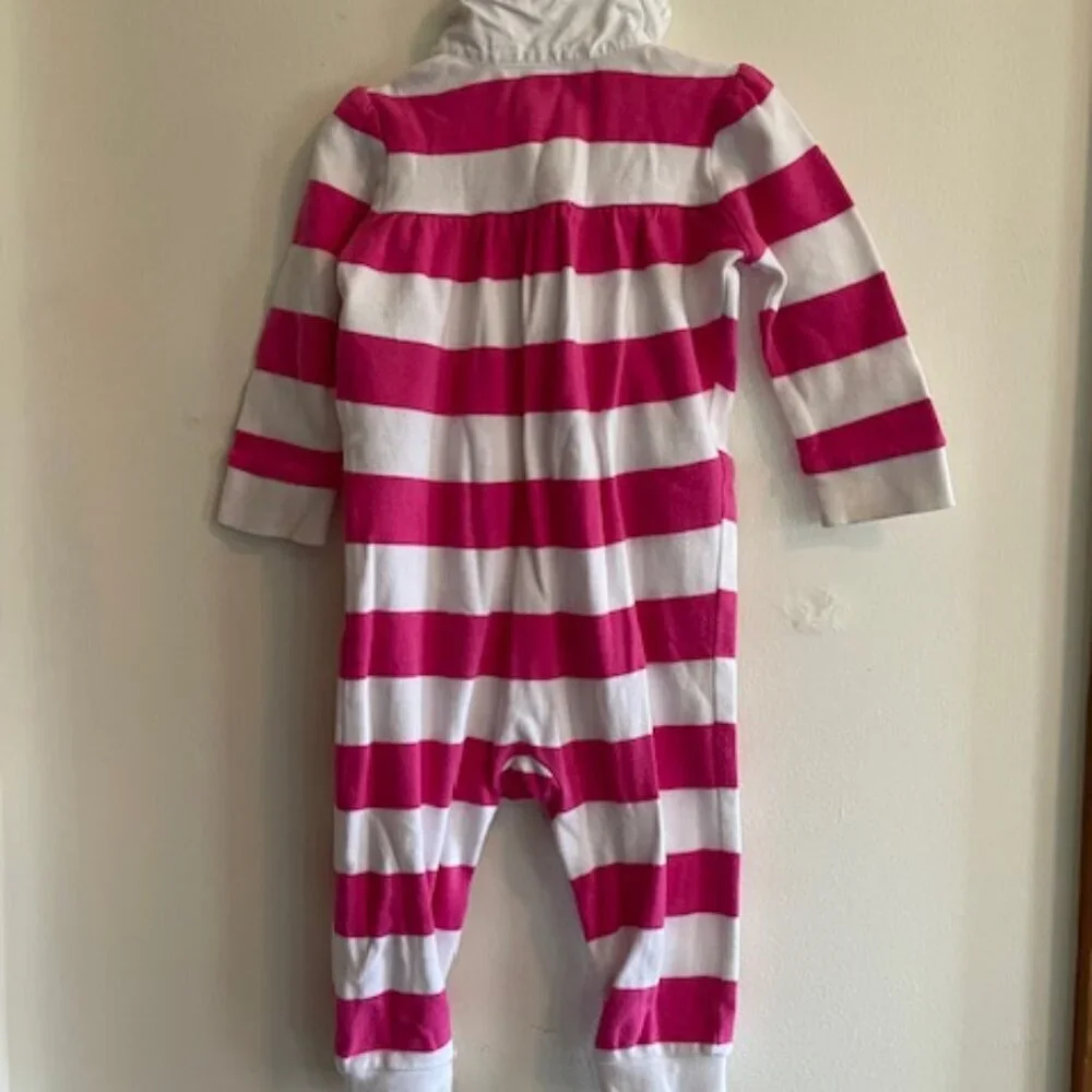 RALPH LAUREN Coverall Romper Long Sleeve Pink White Stripe 9 Mos